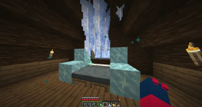 Screenshot of minecraft with four large icicles above the bed. and some ice on the side of the bed.