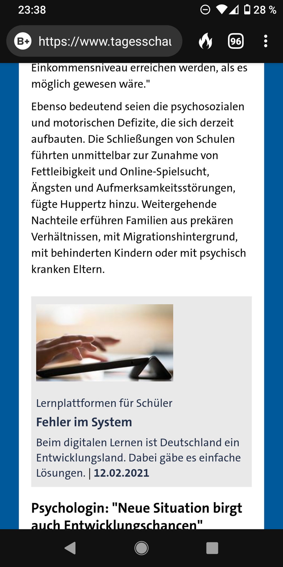 Screenshot von Tagesschau.de vom 20.01.2021, der einen Artikel über das digitale Lernen vom 12.02.2021 verlinkt
