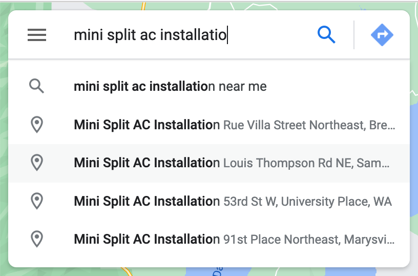 Google Maps search input showing fake places