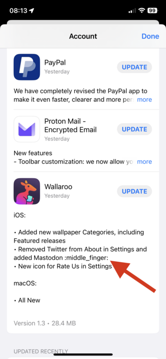 Screenshot of the ios update screen for the Wallaroo app.