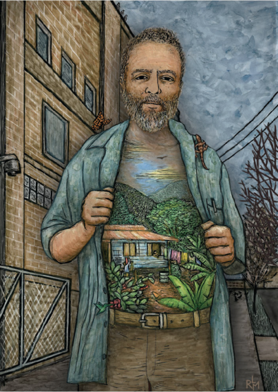 A vertical illustration made from ink and watercolor on claybord using scratchboard techniques. The artist (a light brown skinned man with a beard) walks facing the viewer with a gray-blue sky and brick building in the background. His teal button-up shirt is held open to reveal an image of a small mountain home surrounded by lush forest and plants.  A butterfly, gecko and hummingbird accompany him, hovering or crawling around the artist.