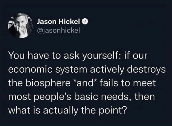 Jason Hickel:

 You have to ask yourself: if our economic system actively destroys the biosphere *and* fails to meet most people's basic needs, then what is actually the point? 