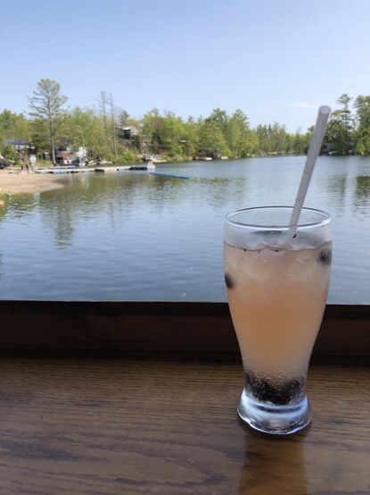 A beverage with berries in it on a wooden deck overlooking water and a beach