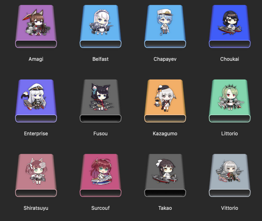 Twelve icons of disks with chibis on top of varying colours.