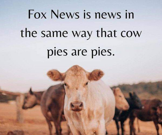 A picture of a cow with over-text that says "Fox News is news in the same way that cow pies are pies"