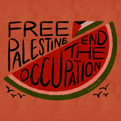 Image Description
Artwork of a watermelon slice surrounded by doodles of black flying birds against an orange background. Above the slice in black hand-lettering reads: "Free Palestine" in all caps.
There's a Palestine flag next to it. Inside the slice, also in black, is text drawn in the same way which reads: "End the occupation".