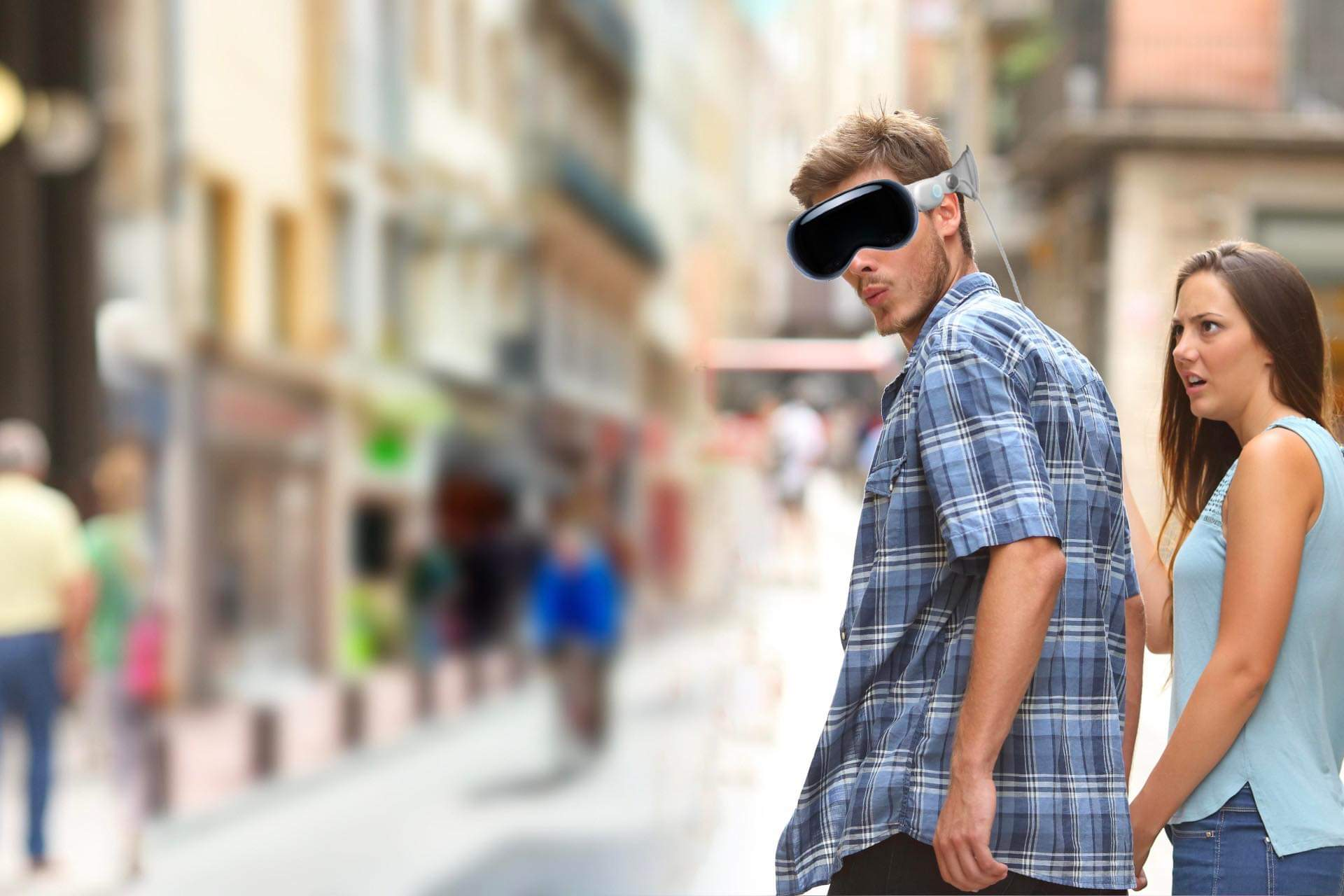 Variation of the Distracted Boyfriend meme. Boyfriend is wearing Apple Vision Pro headset and is turning to look at another girl... who isn't actually shown because she is only in the AR space. (Could be the 'woman in red' from The Matrix movie's training simulation?) Girlfriend is still visibly pissed though. 