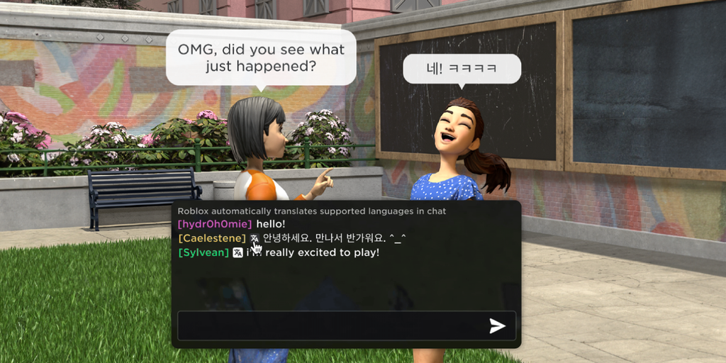 Two avatars from the Roblox video game having a conversation in different languages, English and Korean. Below, a chat box, with different usernames, each speaking in different languages, with the conversation being translated into English in real time.