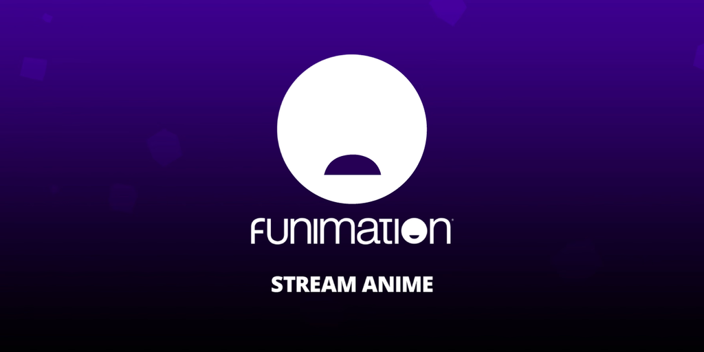 Purple background with the Funimation logo in the center, with its mouth inverted, making a sad face