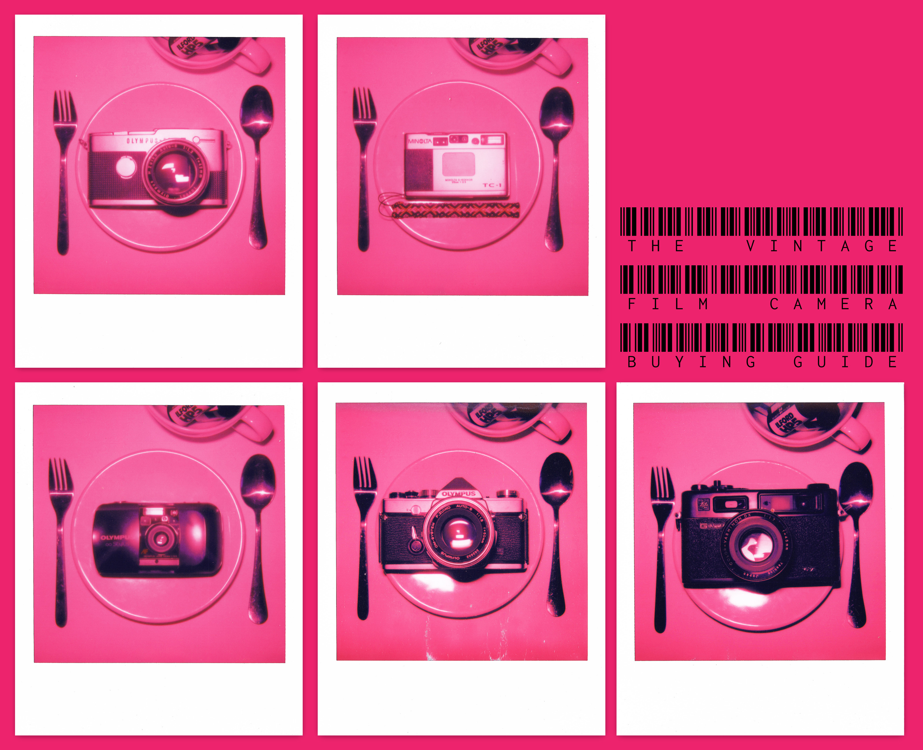 Five Polaroid photos of vintage film cameras with the title spelling "THE VINTAGE FILM CAMERA BUYING GUIDE" in font stylized with a bar code design.
The Polaroids are arranged in a grid with the title on the top-right on a pink background. The Polaroids are printed in pink, black, and white, with the cameras resting on small plates (one camera per photo) with a small fork and a spoon on the sides.