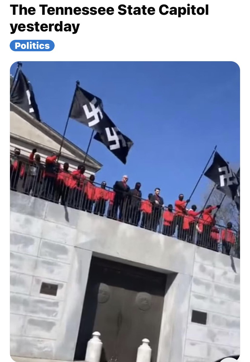 Persons in red shirts & black balaclavas waving Nazi flags in front of TN capitol building