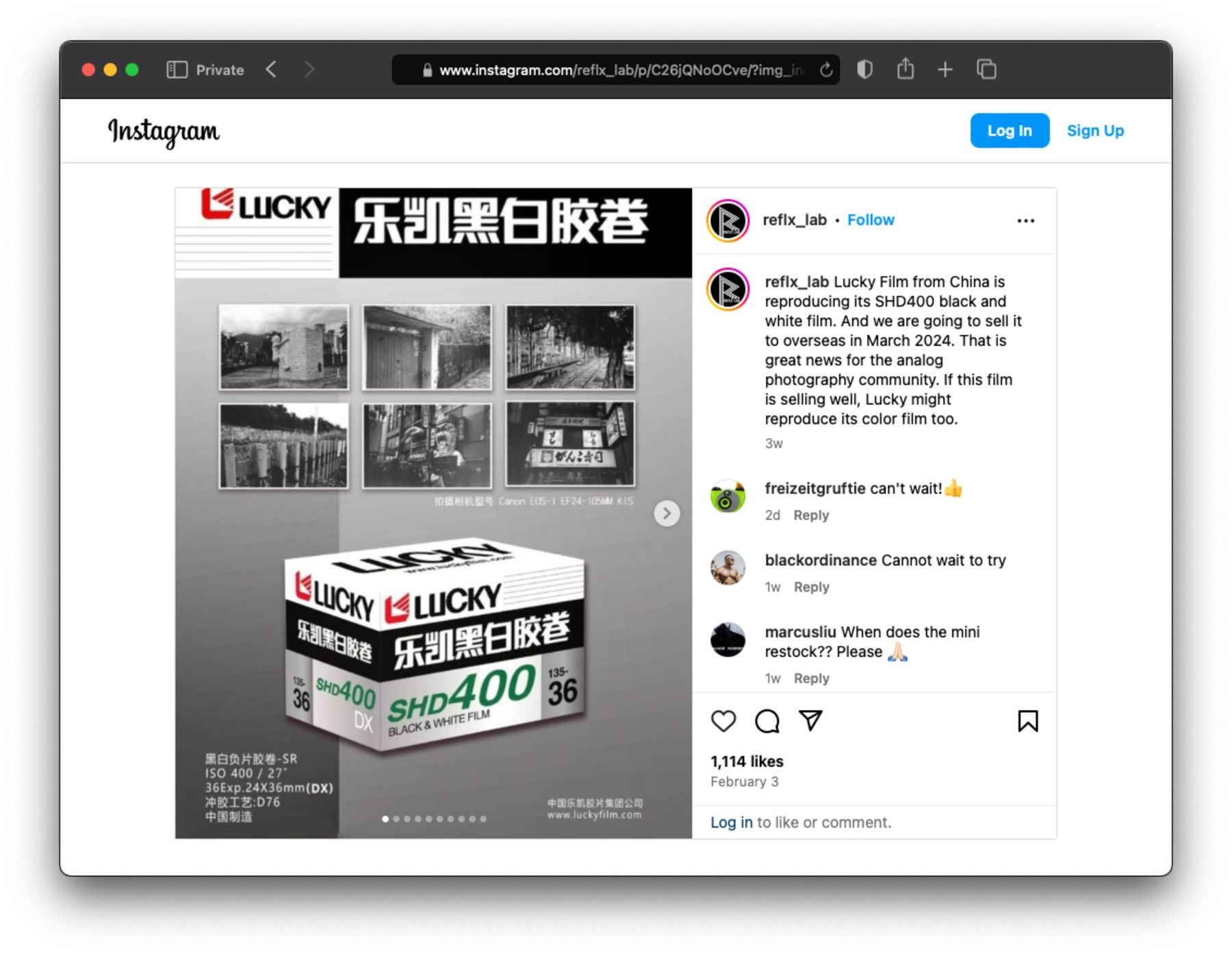 A screenshot of Lucky film's Instagram announcement of their film SHD400 coming back into production.