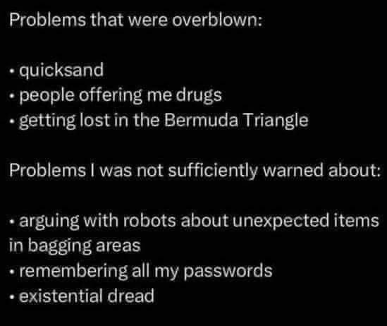Problems that were overblown: • quicksand • people offering me drugs • getting lost in the Bermuda Triangle Problems I was not sufficiently warned about: • arguing with robots about unexpected items in bagging areas • remembering all my passwords • existential dread