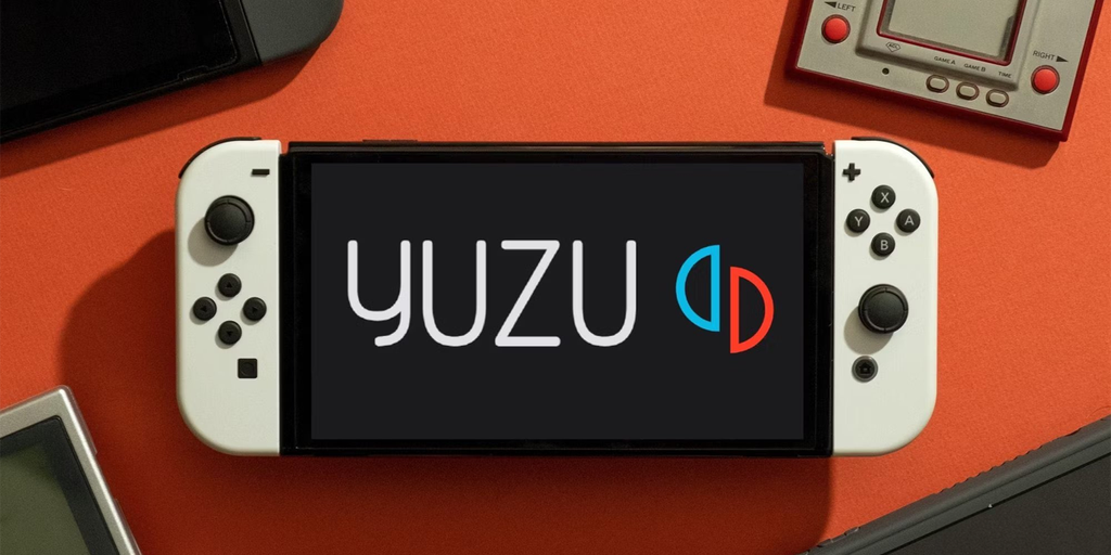 A picture of a Nintendo Switch with the Yuzu emulator logo in the middle