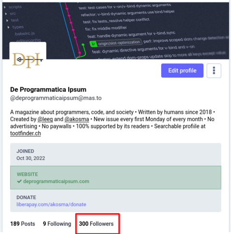 A screenshot of the Mastodon account for De Programmatica Ipsum, highlighting the number of followers that has just passed 300!
