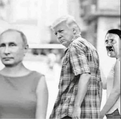 Alteration of the well known "Distracted boyfriend" meme; faces are replaced:
A dude with the face of Trump is walking hand in hand with his girlfriend looking like jealously angry Hitler; Trump is distracted by a walking by woman with the face of Putin