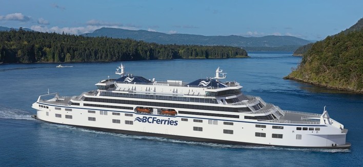BC Ferrie's picture of one of their proposed new ferries 

The background is Active Pass - a narrow channel between two islands on the busy ferry route between Vancouver and Victoria