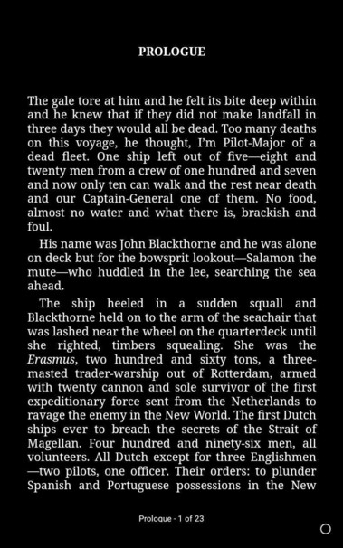Screenshot of the opening prologue of James Clavell's 1974 epic novel Shōgun: 

"The gale tore at him and he felt its bite deep within and he knew that if they did not make landfall in three days they would all be dead..."
