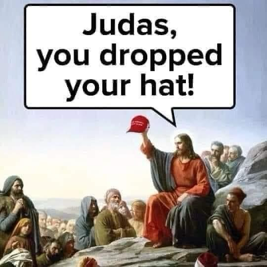 Smudge The Insult Cat  Jesus holding up a MAGA hat  - masto