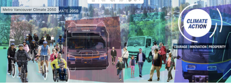 A composite picture which shows people moving by bike, bus and truck. There is a symbol of a disc with CLIMATE ACTION on it. Underneath "COURAGE INNOVATION PROSPERITY" 

Top left is the title Metro Vancouver Climate 2050