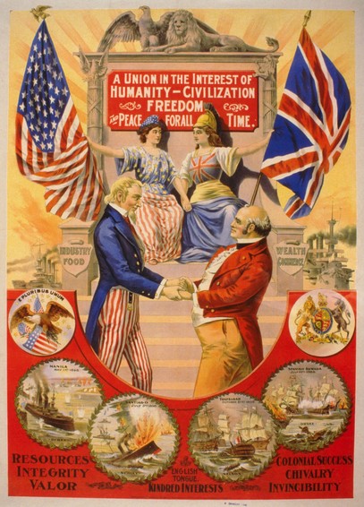 Poster about the late 1800s through early 1900s, depicting the "new partnership" between Britain and the USA in the "The Great Rapprochement".