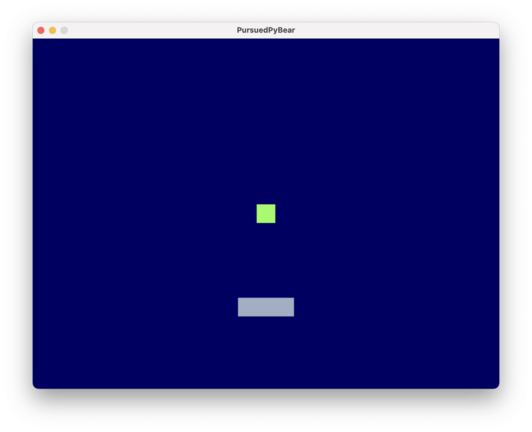 A computer window with a dark blue background. A lime green square in the middle. A grey horizontal rectangle near the bottom.