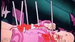 A few seconds of a scene transition from Heavy Metal's Taarna story.

The image is of the death of a small, bald, pale human wearing a pink tailcoat and bleeding from the nose, mouth, and each of every bolt wound stretching down the body. 
Which does a slow fade into a piece of machinery on a pastoral hill, except each piece of machinery matches the death of the child. There are chimneys where the bolts were sticking out of the torso, and buildings where the torso was, and a bulldozer shovel wh…
