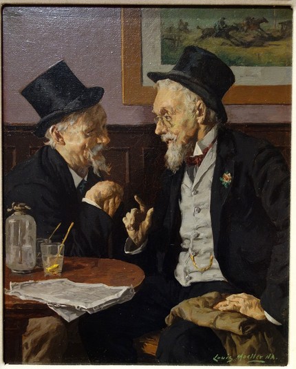 Two old gentlemen with top hats, engaged in a conversation at a bar table. Painting by Louis Moeller, from the Wikimedia Commons https://en.m.wikipedia.org/wiki/File:Conversation_by_Louis_Moeller,_undated,_oil_on_canvas_-_New_Britain_Museum_of_American_Art_-_DSC09346.JPG