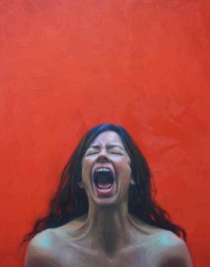 Portrait of a woman screaming at the top of her lungs, on a flat red background. Painted by Francien Krieg.)