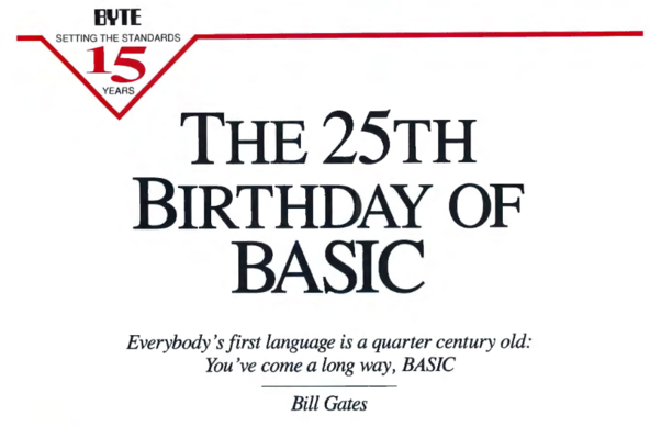 Screenshot of the article titled "The 25th Birthday of BASIC" by Bill Gates, published in the October 1989 edition of BYTE Magazine