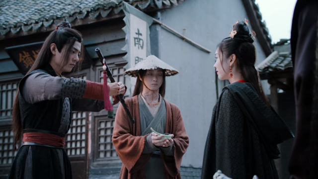 Wei Wuxian bowing to Jiang Yanli and Wen Ning standing with a bowl of soup in his hands looking at them