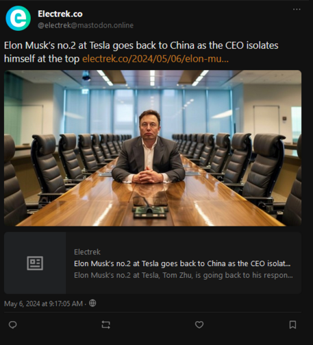 Picture of an (obviously) AI generated news article about Tesla from Electrek.co showing Elon Musk sitting front and center at a long boardroom table lined on either side by ranks of comfy looking executive chairs. Except instead of sitting at the seat at the END of the long board room table, Musk is sitting, hands folded, unamused look on his face, literally in the middle of the table. Like someone chopped him in half or there's a boardroom table glory hole or something. 

I'd love to have thi…