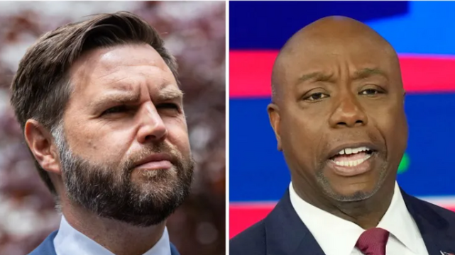 The two top choices for trump VP.
On the left is Senator JD Vance, a middle aged white man and trump sycophant with an unkempt beard and a scowl.
On the right is Tim Scott, a middle aged black man and trump sycophant with a shaved head. He's speaking intensely.
Educate yourself about these guys and tell others what they represent. Then vote blue in November.