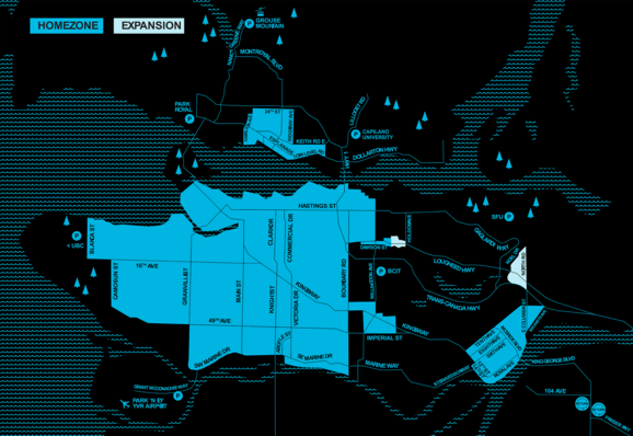 A map of Vancouver region showing the EVO home zone(s)

The two expansion areas are shon in white. Both are, in terms of this map, quite small
