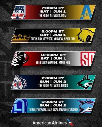A poster graphic from Major League Rugby showing the match schedule for June 1-2 2024. On June 1st DC vs N Carolina at 7 PM Eastern, New Orleans vs Houston at 8 PM Eastern, and Utah vs San Diego at 10 PM Eastern. On June 2nd New England vs Dallas at 2 PM Eastern and Los Angeles vs Miami at 6 PM Eastern.