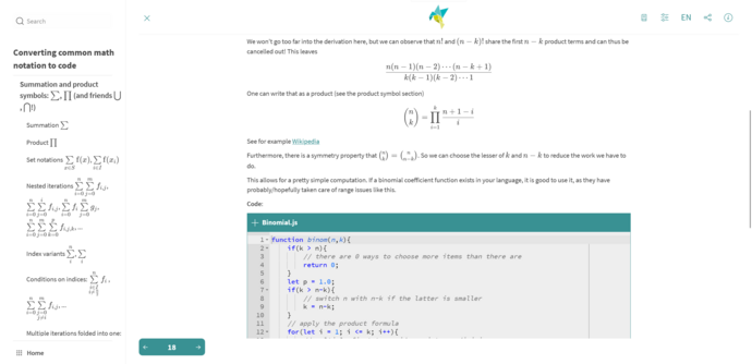 Screenshot of an example page regarding the binomial coefficient