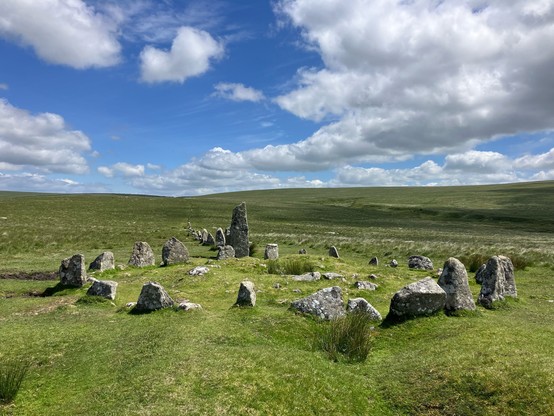Photo of a ring-cairn (stone circle) in the foreground and single stone row leading away from it. The row starts with a tall (9ft) granite pillar standing just outside the circle, left of centre of the frame. The first stones leading from it decrease in size. The row stretches on into the distance over undulating moorland of short green grass - dipping down then rising up again, stopping short of the brow of the slope. 
The sky overhead is blue with a few white, cotton-woolly clouds that throw shadows over the ground.
