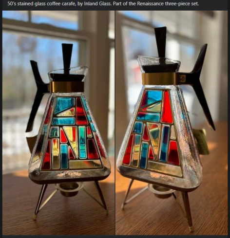 1950s stained glass coffee carafe, by Inland Glass. Part of the Renaissance three-piece set.