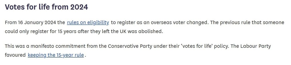 From 16 January 2024 the rules on eligibility to register as an overseas voter changed. The previous rule that someone could only register for 15 years after they left the UK was abolished.

This was a manifesto commitment from the Conservative Party under their ‘votes for life’ policy. The Labour Party favoured keeping the 15-year rule.