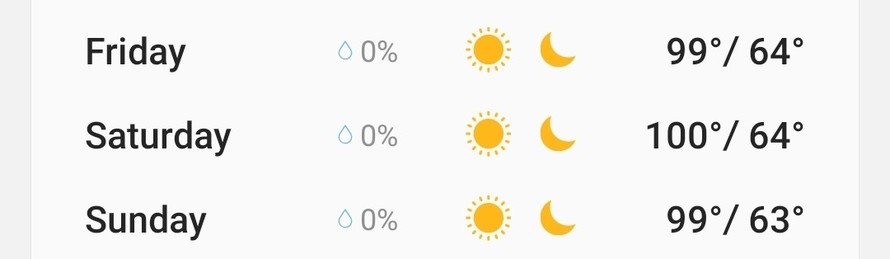 Screenshot of a weather forecast for Portland, OR, for the 4th of July weekend. 

Friday 0% chance of rain, sunny and clear, high of 99° F, low of 64° F

Saturday 0% chance of rain, sunny and clear, high of 100° F, low of 64° F

Sunday 0% chance of rain, sunny and clear, high of 99° F, low of 63° F