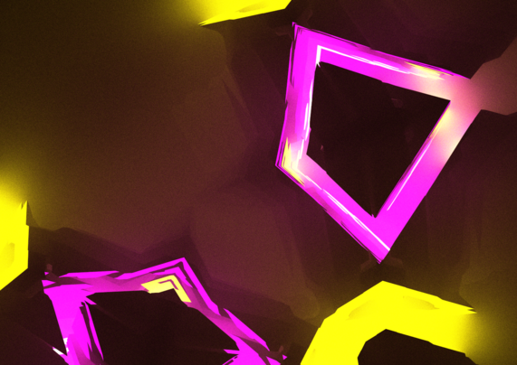 complex geometry where some surfaces are bright magenta or yellow light sources