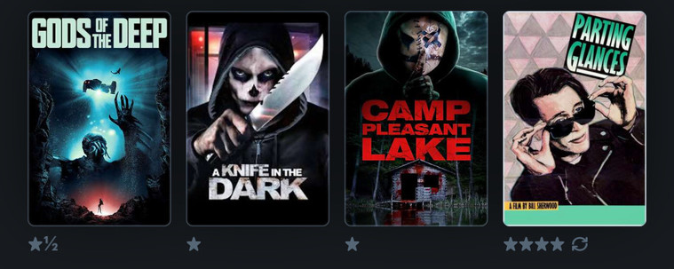 A screenshot showing the last four movies I watched: Gods of the Deep, A Knife in the Dark, Camp Pleasant Lake, and Parting Glances
