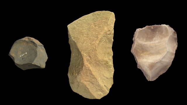Stone tools that become increasingly more complex over the course of 3 million years. Left: First time period studied — Oldowan core, Koobi Fora, Kenya (below baselines). Center: Second time period studied — Acheulean cleaver, Algeria (around baseline). Right: Characteristic of 600,000 year ago technology — Levallois core, late Pleistocene Algeria. Image credits: (left) Curry, Michael. 2020. Oldowan Core, Koobi Fora. Museum of Stone Tools. Retrieved June 10. From: https://une.pedestal3d.com/r/DGHMTdkn4_; (middle) Curry, Michael. 2020. Acheulean Cleaver, Morocco, Koobi Fora. Museum of Stone Tools. Retrieved June 10. From: https://une.pedestal3d.com/r/JMVajqyz29; (right) Watt, Emma. 2020. Levallois Core, Algeria. Museum of Stone Tools. Retrieved June 10. From: https://une.pedestal3d.com/r/JMVajqyz29.