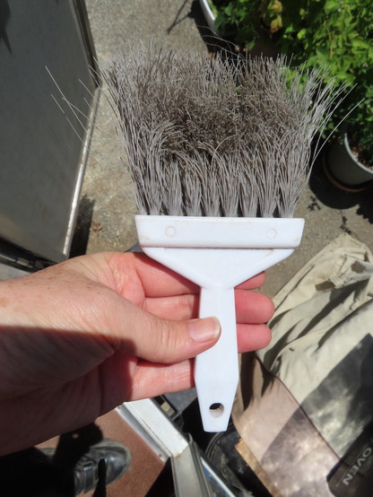 My left hand holding a small broom whisk that is part of a whisk/dustpan set. Most of the grey plastic bristles have shrunk as they've melted. The ones in back are still full size.

My trailer door and plants are visible in the background.