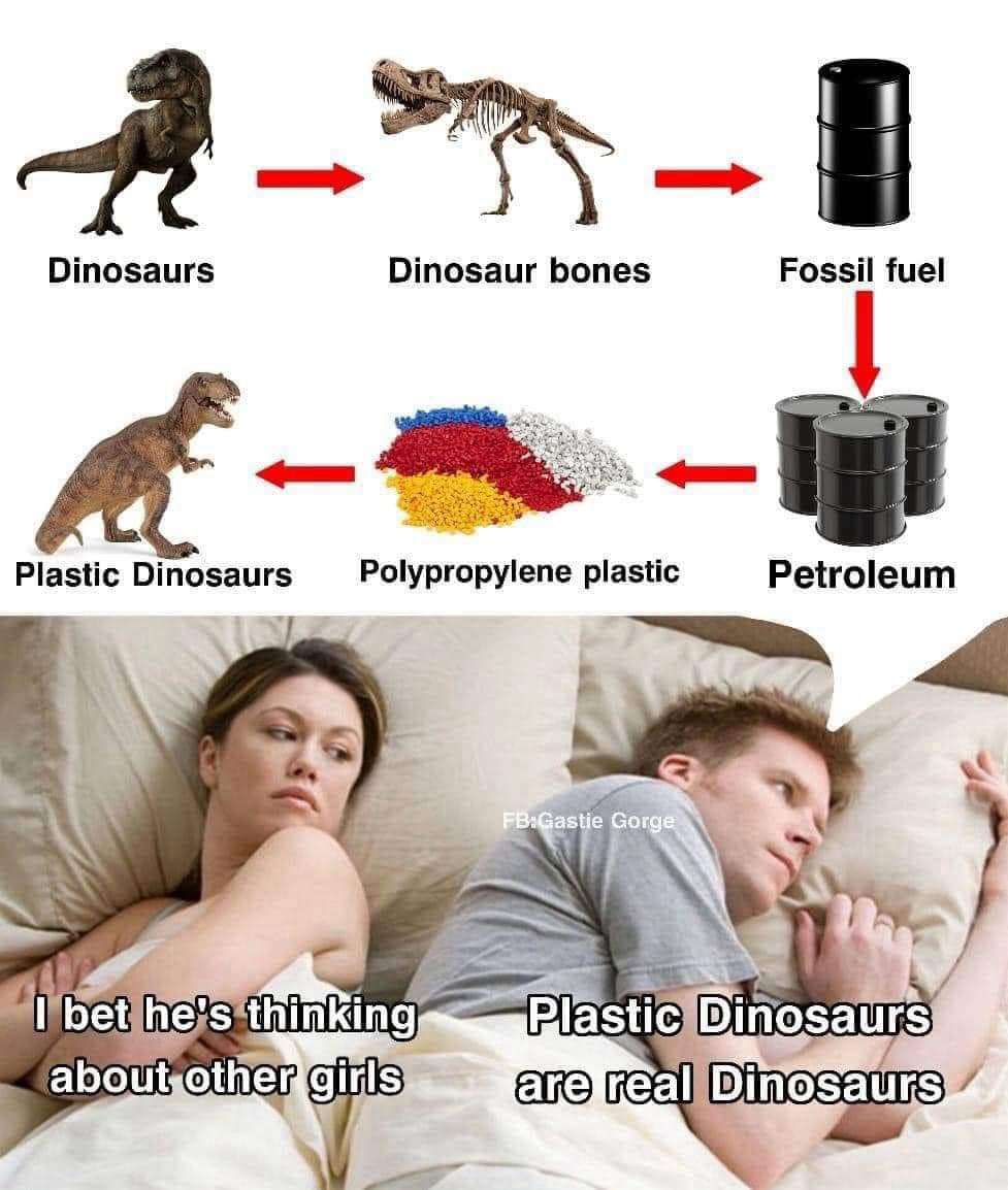 (Woman and man lying in bed) (Woman) I bet he's thinking about other girls (Man) Plastic Dinosaurs are real Dinosaurs … Dinosaurs -> Dinosaur bones -> Fossil fuel -> Petroleum -> Polypropylene plastic -> Plastic Dinosaurs