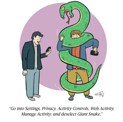 A person holding a cell phone is struggling while being strangled by a giant snake, taller than they are. The snake is wrapped around their body, with a coil half covering their face, and has its mouth open with prominent fangs appearing ready to bite. 

A second person is looking at their phone and reading instructions: 