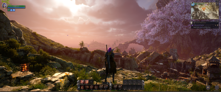 Screenshot from the Throne & Liberty playtest. My character looks out across a vast landscape,