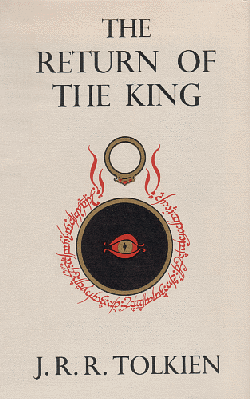 Image shows cover of  Return of the King by J.R.R. Tolkien with the One Ring above Sauron's Eye and an inscription in Elvish letters around the eye. 