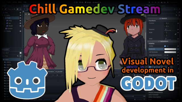 Chill gamedev stream: Visual novel development in Godot
VTuber and Godot logo at the foreground, Godot editor with two visual novel sprites at the background.