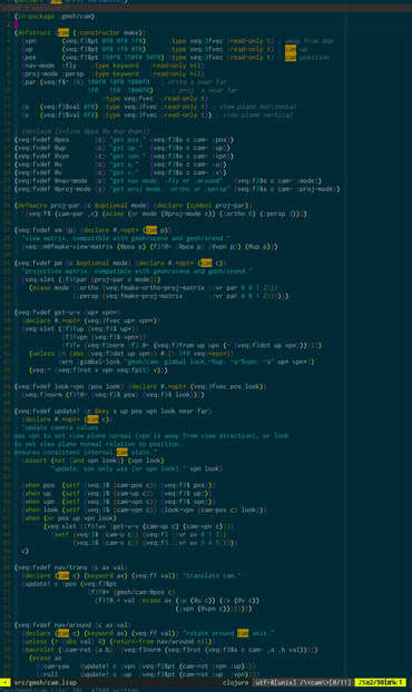 common lisp code in screenshot. incompletely refactored camera struct with corresponding functions for navigation etc 